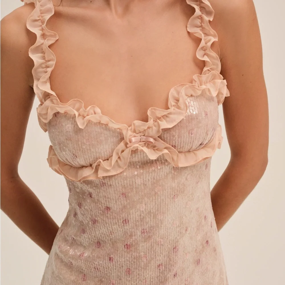 For Love & Lemons Blush Pink Sequin Ruffle Mini Dress - Picture 3 of 3